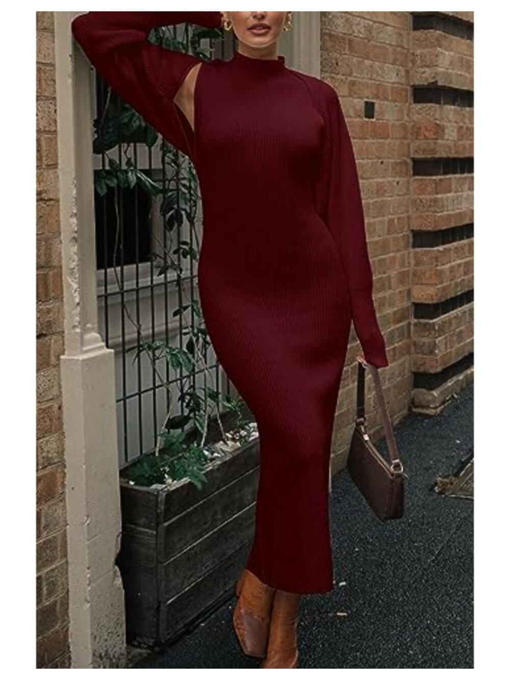 Rib Knit 2 Piece Maxi Tank Dress & Cropped Cardigan Set, Mock Neck Bodycon - Picture 3 of 6